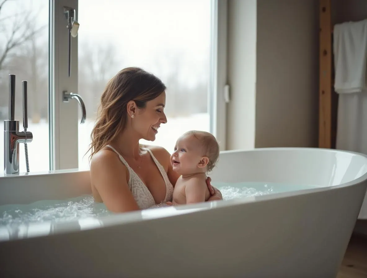 Vrolijke vrouw van achteren in een schuimbad in een moderne Scandinavische badkamer; natuurlijk daglicht