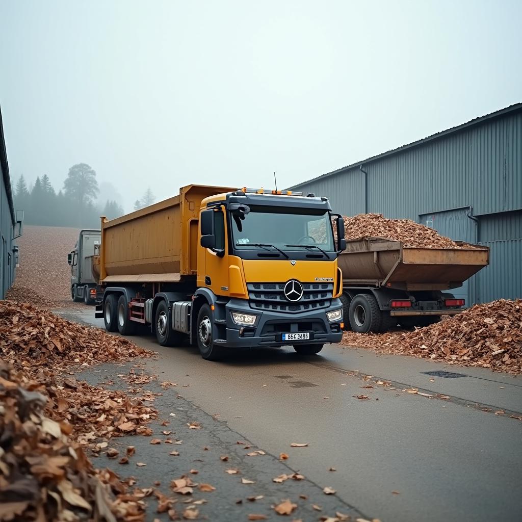 Houtrecyclingbedrijf met vrachtwagens en houtcontainers