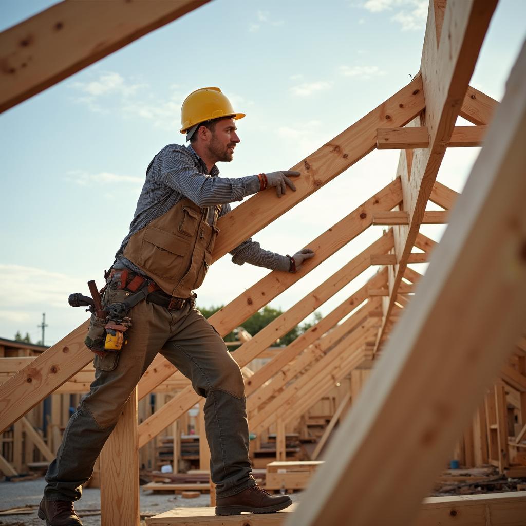 Houtbewerker bij het timmeren van een dakconstructie