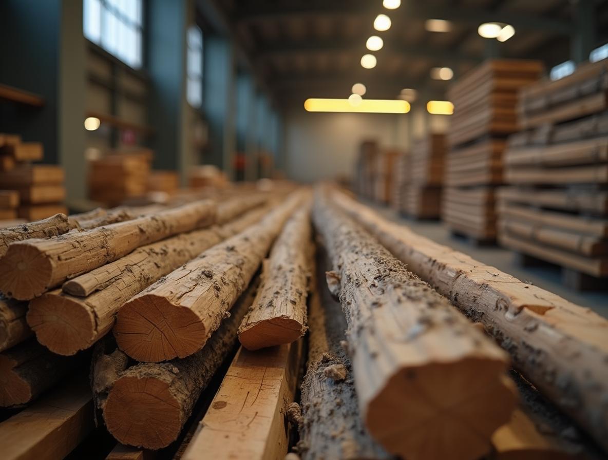 Ruwe houtstammen en brandhout op de voorgrond, industriële hal op de achtergrond