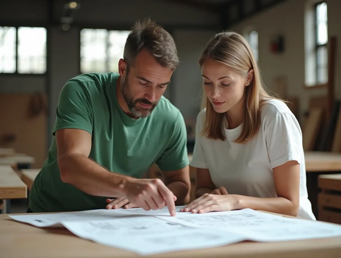 Bioketel-adviseur overloopt samen met een KMO-zaakvoerder een technische tekening in het atelier