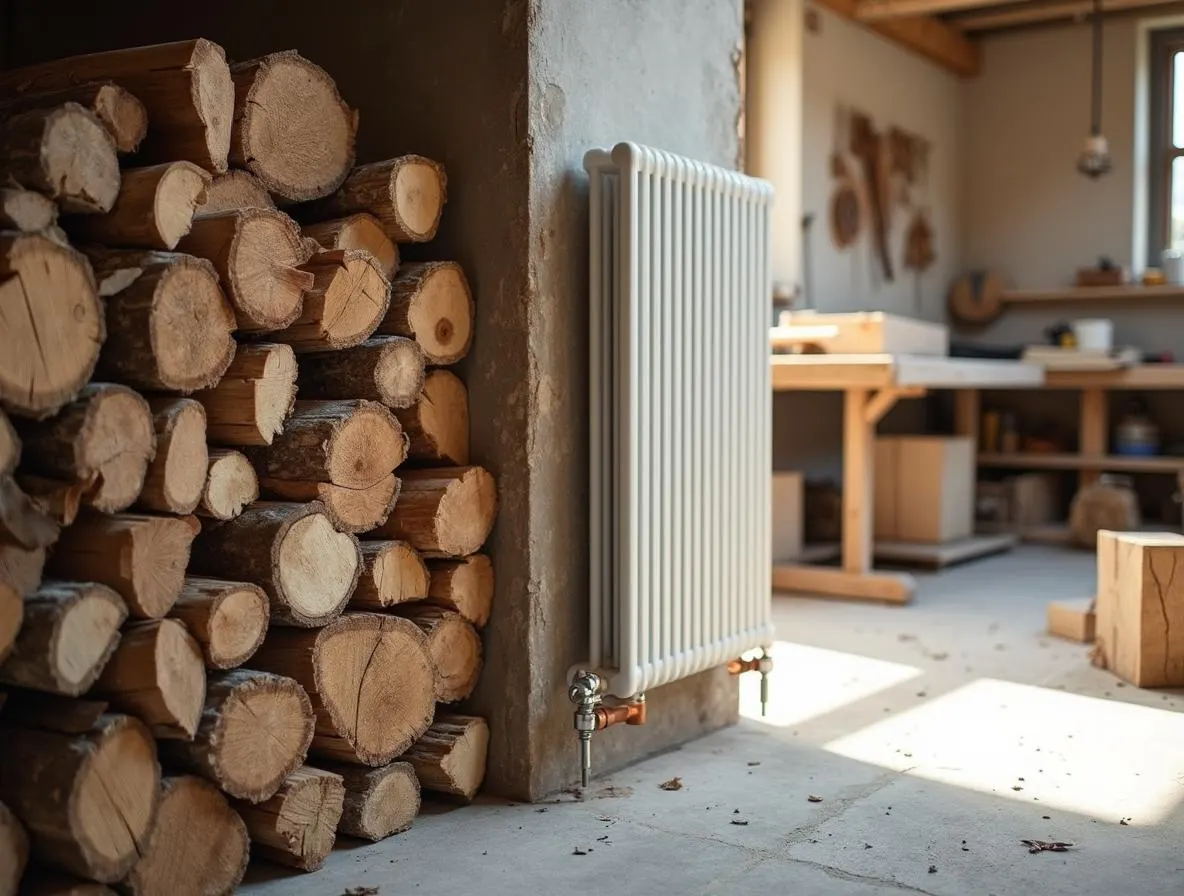 Stapel hout naast radiatoren in een KMO-werkplaats