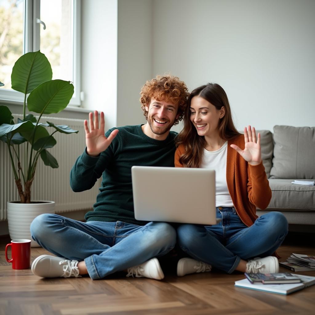 Jong Europees koppel in een bescheiden woning met laptop — sfeerbeeld bij de Defro Alfa II pelletketel (Bioketel).