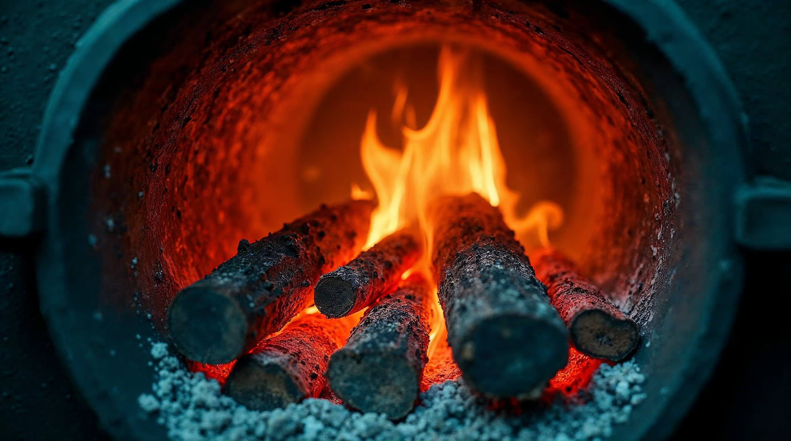 Close-up van brandend hout in een biomassaketel, dramatisch rood-oranje vuur en koele blauwe accenten