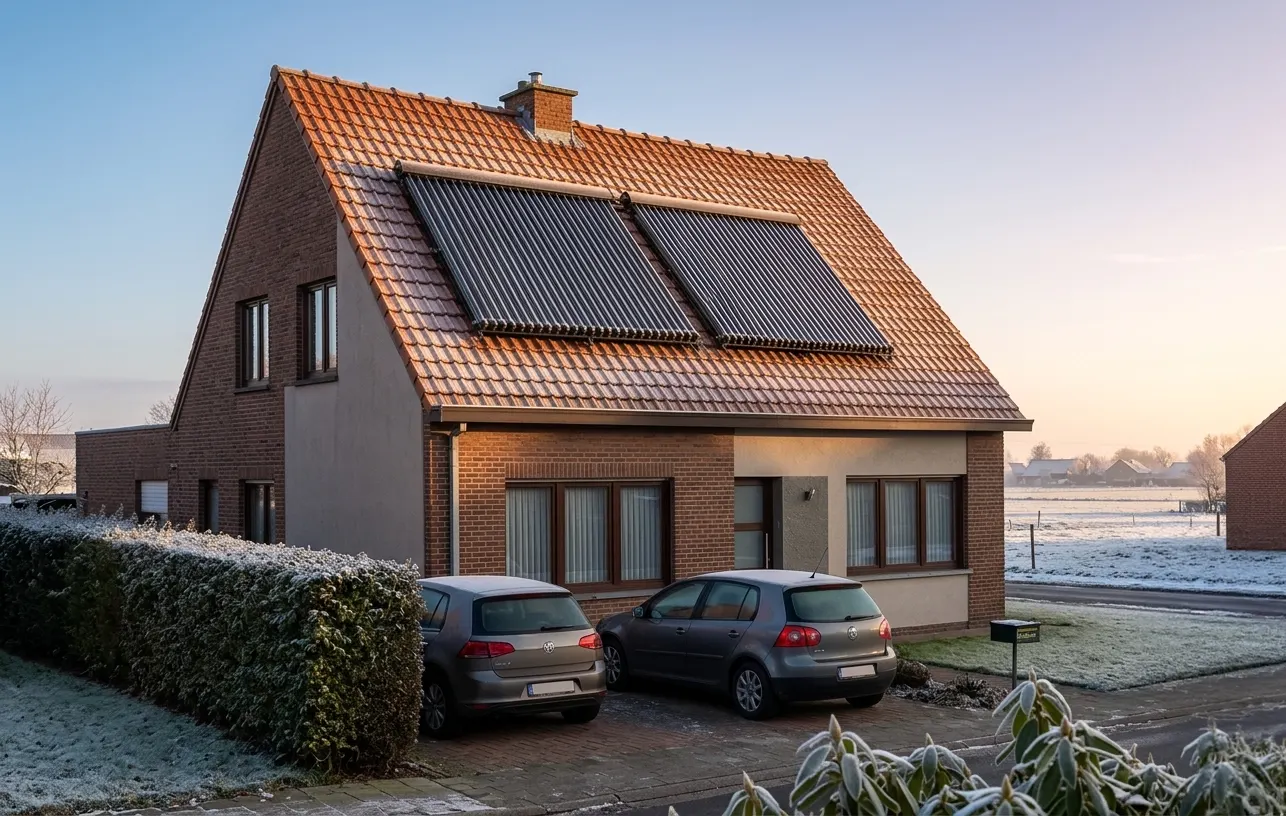 Belgisch voorstedelijk huis in winterlandschap met ReHeat vacuümbuiscollectoren op het dak bij gouden uur